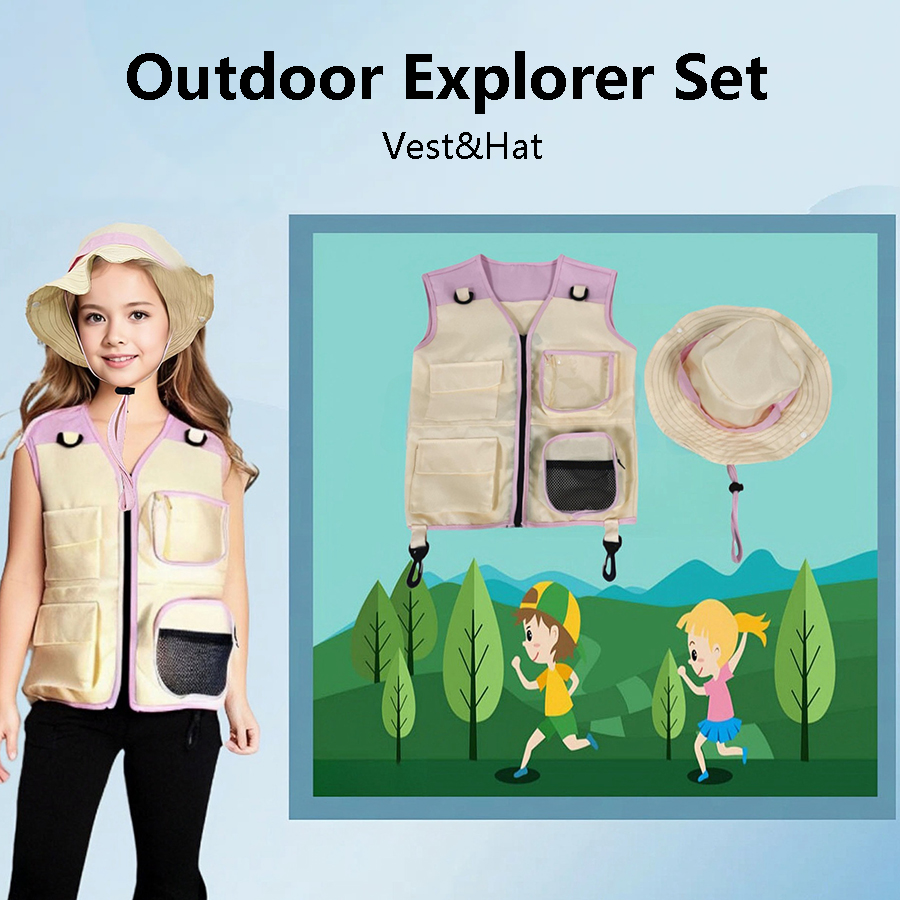 Outdoor Camping Kids Activities - Dziecięcy strój odkrywcy: kamizelka, kapelusz, zestaw
